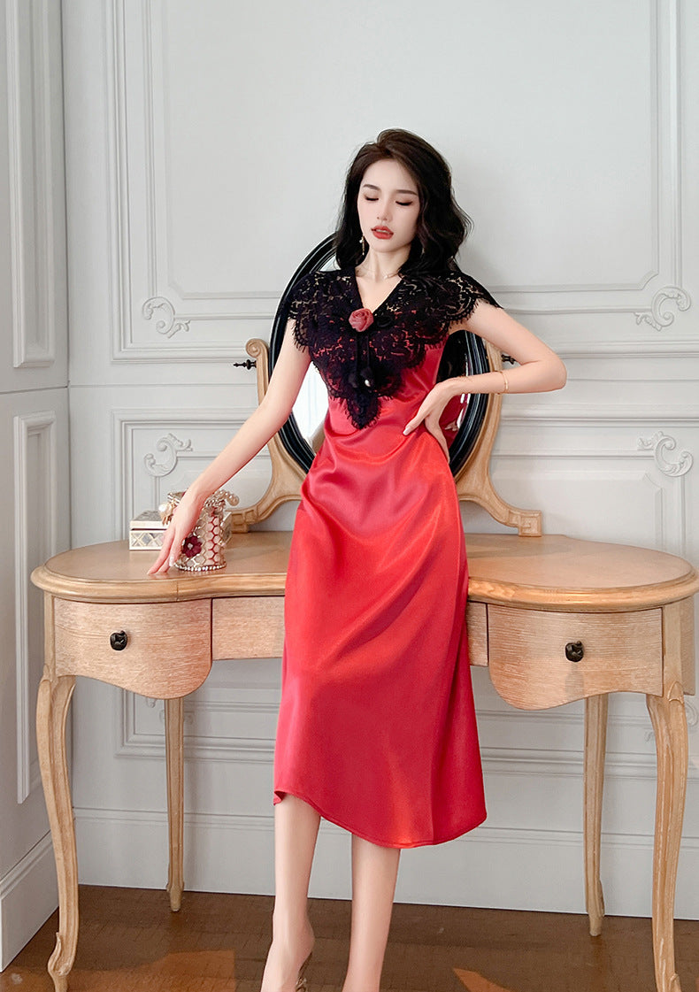 Women's Satin Lace Stitching Ruffle Sleeve Dress