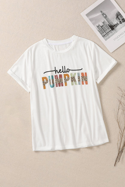 Camiseta blanca con gráfico de cuello redondo de Halloween Hello Pumpkin