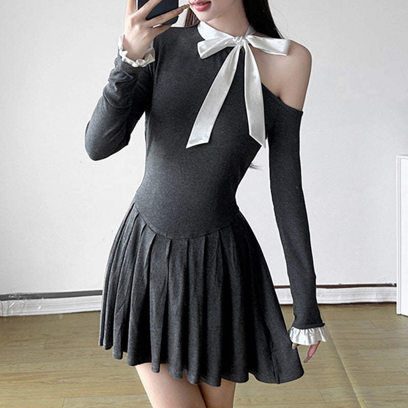 French Style Pure Bow Slimming A- Hem Knitted Dress