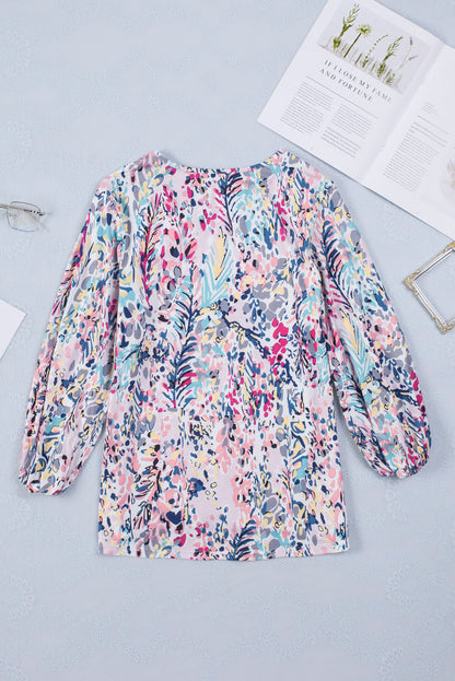 Blue Floral Print Puffy Sleeve Loose Blouse