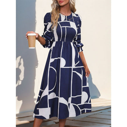 Women's Long-sleeved Printed Dress A- Line Skirt