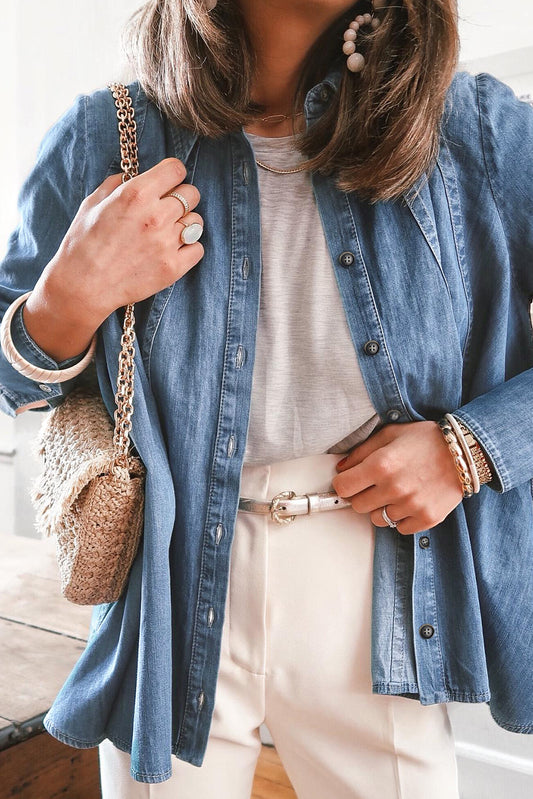 Veste chemise en jean boutonnée à manches longues bleu ciel