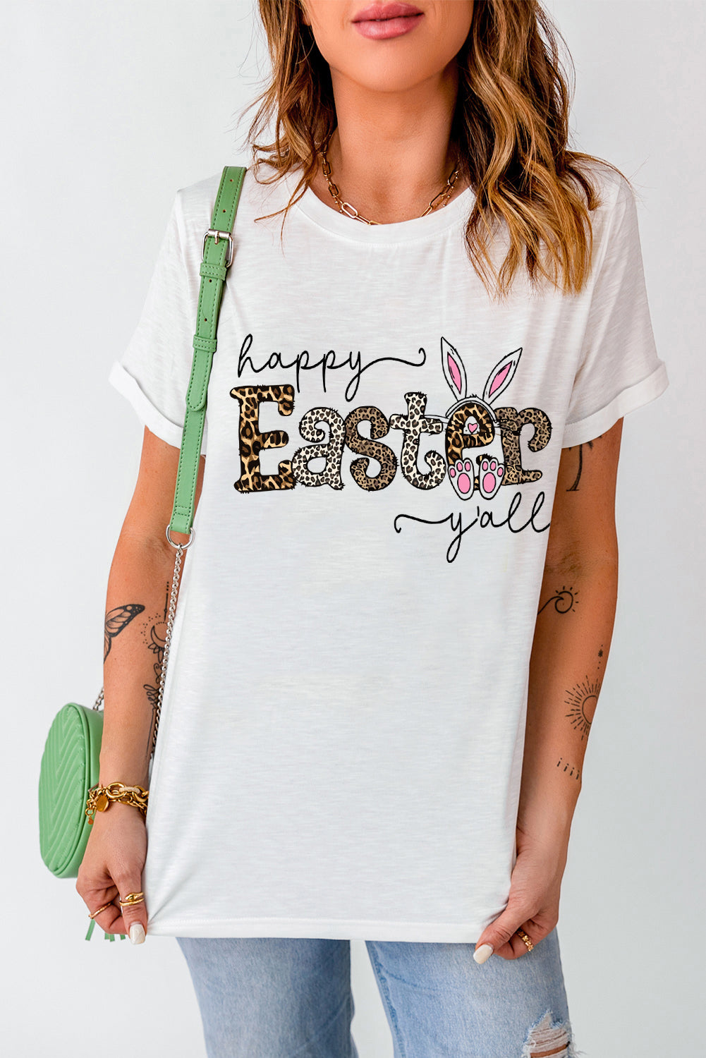 Camiseta con gráfico de conejito de Pascua feliz de leopardo blanco