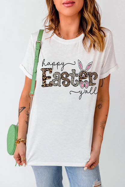 Camiseta con gráfico de conejito de Pascua feliz de leopardo blanco