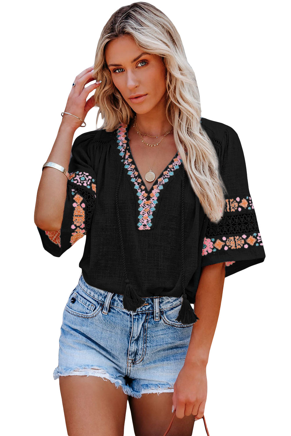 Black Boho Tassel Drawstring Cut Out Embroidered Blouse