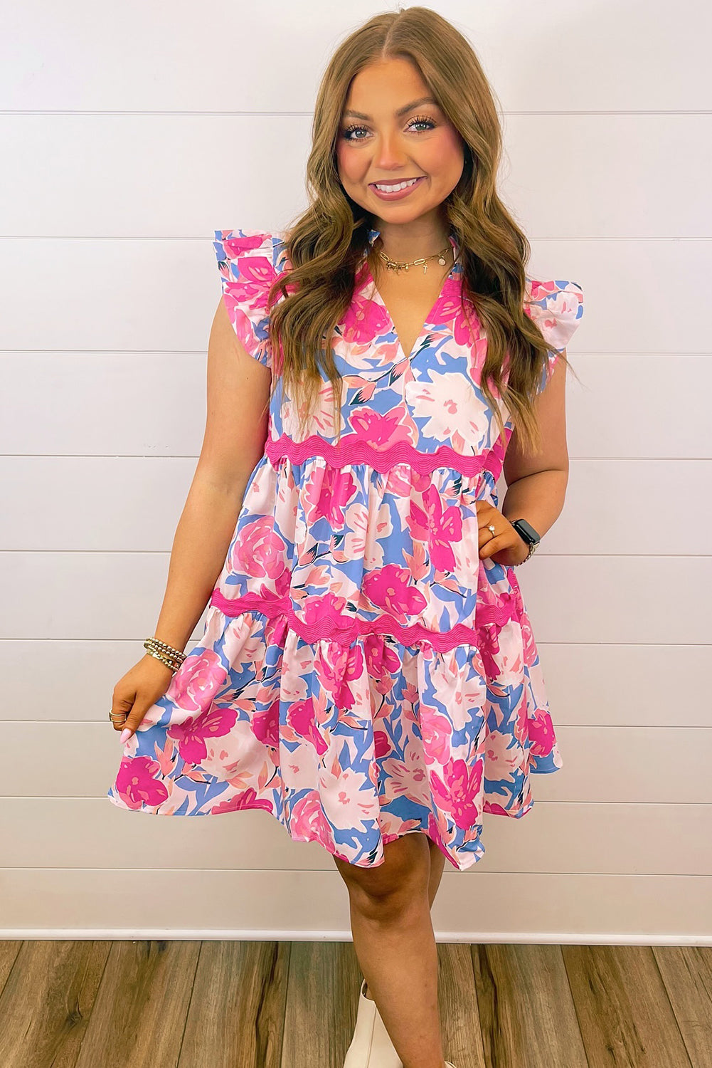 Pink Floral Printed V Notched Ric Rac Flutter Dress