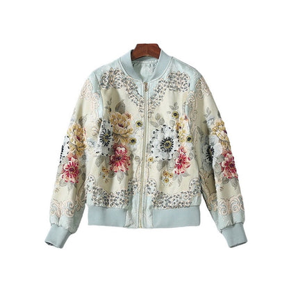 Women's Embossed Peony Crystal Beaded Baseball Uniform Long-sleeved Jacket