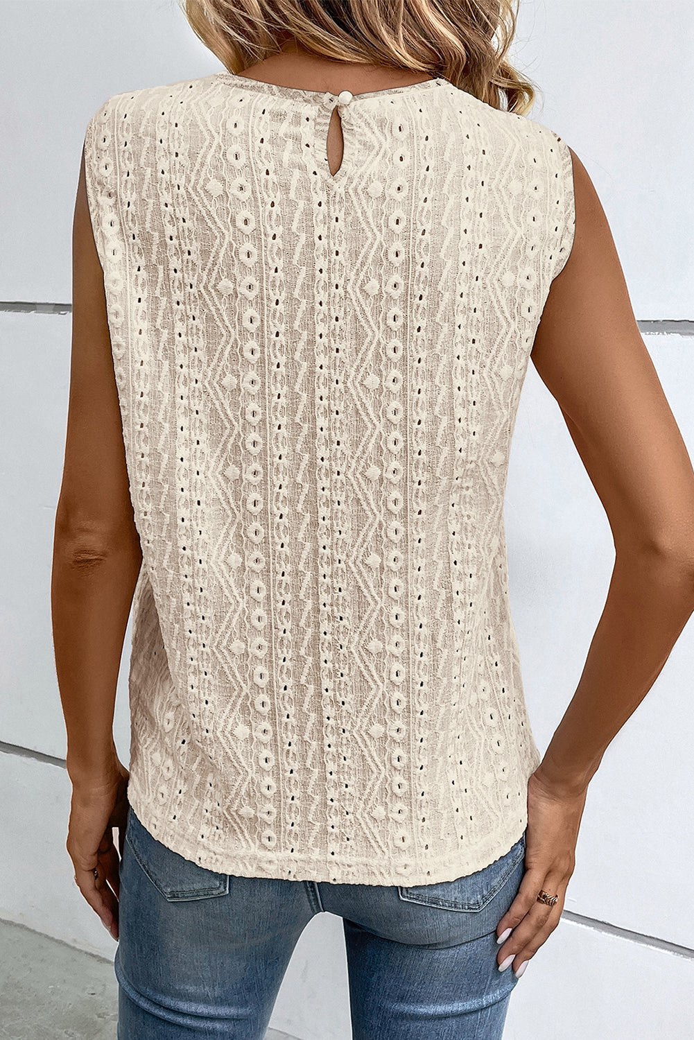 Blusa sin mangas con espalda de cerradura de crochet de encaje de guipur blanco