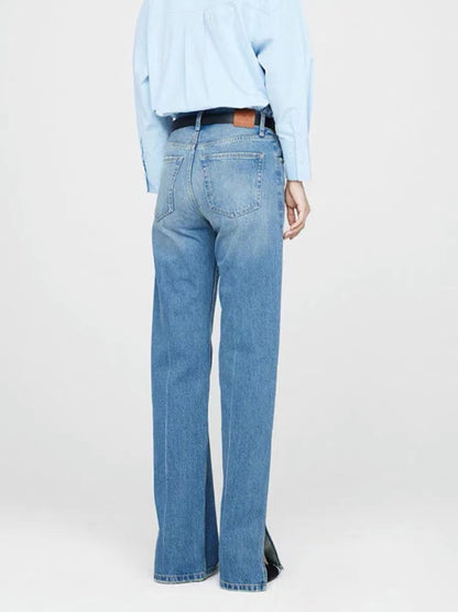 Jean droit femme taille moyenne bleu nordique avec patte de boutonnage