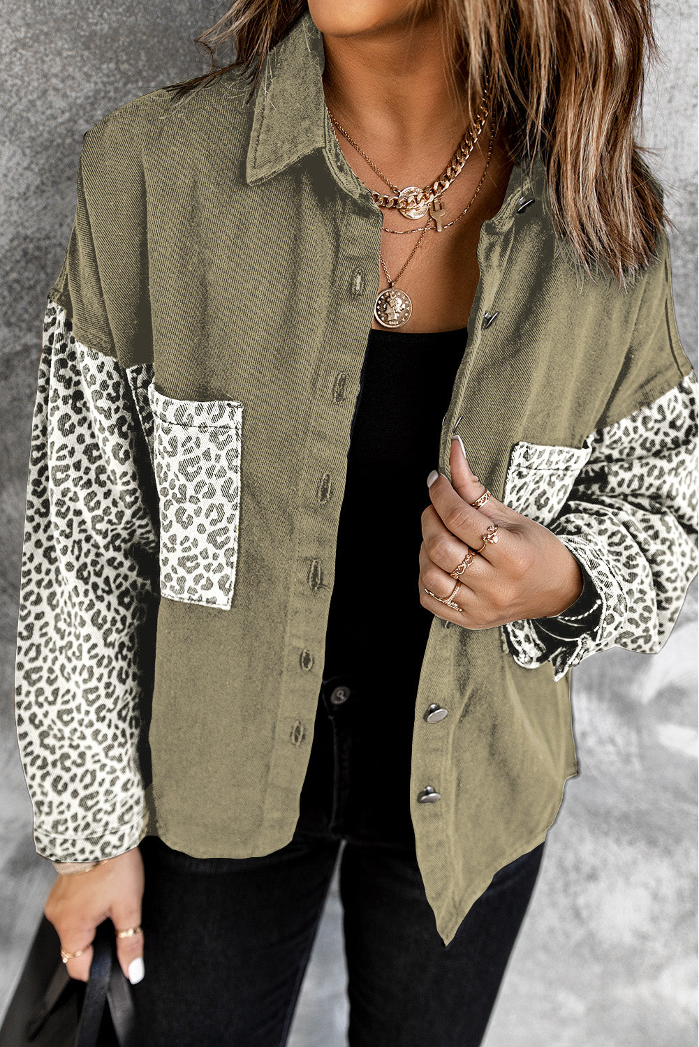 Black Contrast Leopard Denim Jacket