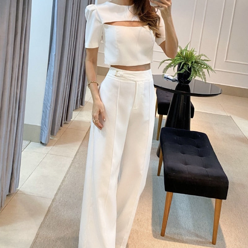 Women's White Short Sleeve Chest Hollow Out Top Suit