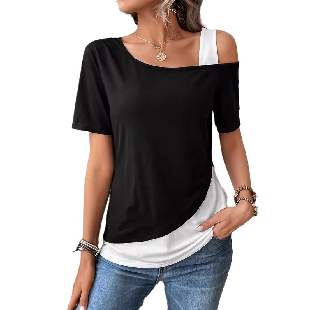 Fashionable Asymmetric Collar Off-the-shoulder Stitching T-shirt