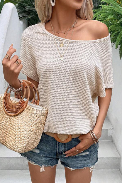 Apricot Waffle Knit Draped Back Batwing Sleeve Tee