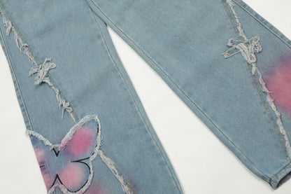 Pantalon en denim délavé papillon mignon et doux