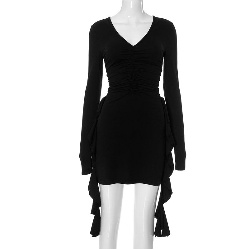 Women's Trendy Deep V-neck Long Sleeve Ruffled Dress