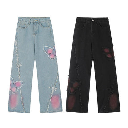 Pantalon en denim délavé papillon mignon et doux