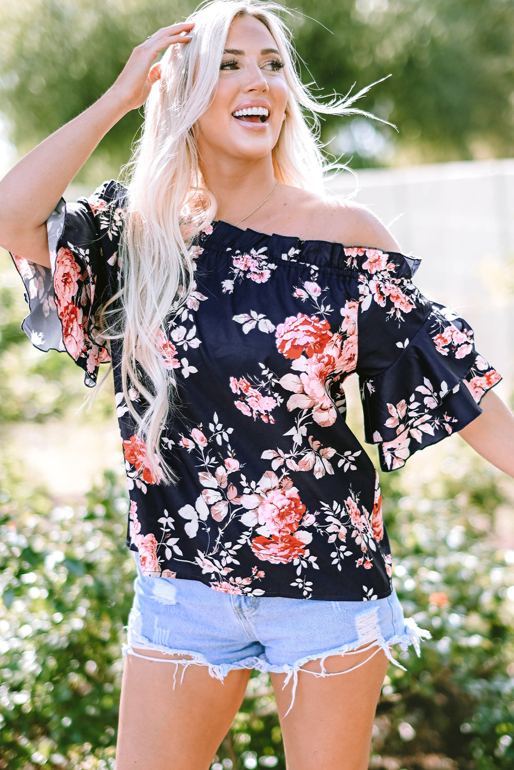 Blue Ruffle Off Shoulder Flounce Sleeve Floral Blouse