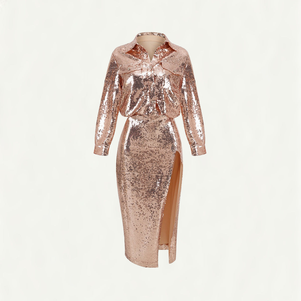 Women's Shirt Long Sleeve Beads Sequin Dress Two-piece Set