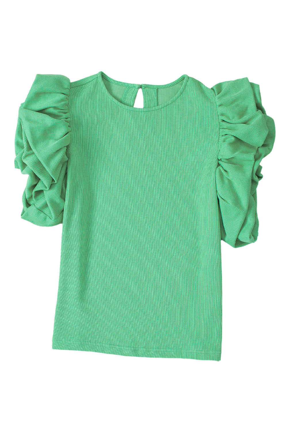 Blusa de punto acanalado con mangas abullonadas y volantes verde