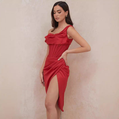 Women's Shoulder Stitching Irregular Slit Dress