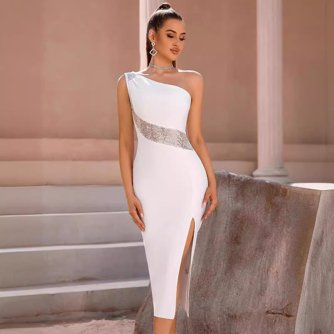 Bandage Solid Color One-shoulder Joint Slim Fit Dress