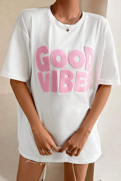 T-shirt blanc à col rond brodé en chenille GOOD VIBES