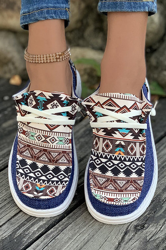 Ashleigh Blue Geometric Print Patchwork Lace Up Decor Sneakers