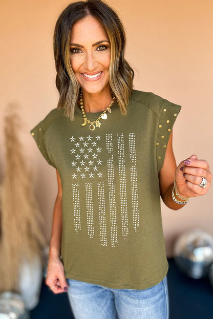 Camiseta de manga con tachuelas y estampado de rayas y estrellas de diamantes de imitación verde guacamole