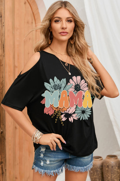 Camiseta informal con cuello asimétrico y gráfico de flores MAMA negra