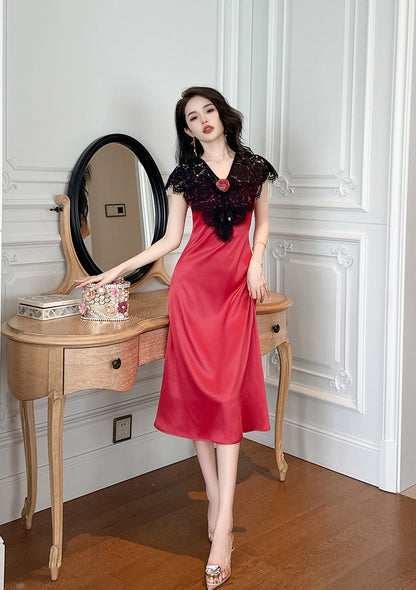 Women's Satin Lace Stitching Ruffle Sleeve Dress