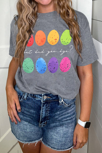 Camiseta gris con cuello redondo y estampado de huevos de Pascua