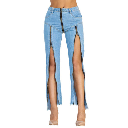 Light Blue Zipper Personality Design Irregular Skinny Jeans