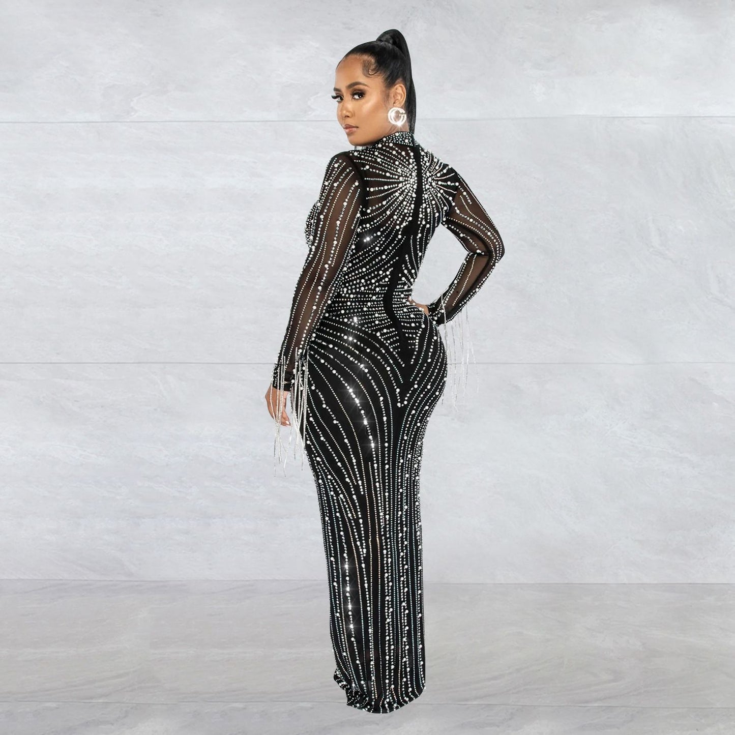 Women's Mesh Rhinestone Long Dress