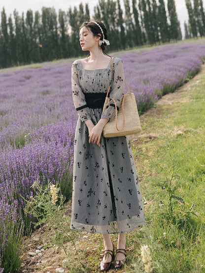 Retro Pleating Waist Seal High Waist Elegant Floral Square Collar Dress Send Belt