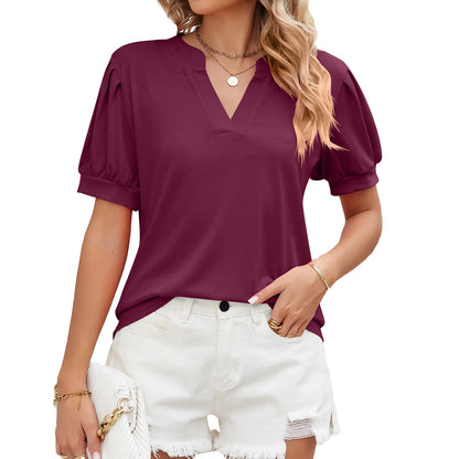 Women's V-neck Puff Sleeve Short Sleeve T-shirt Top Shirt