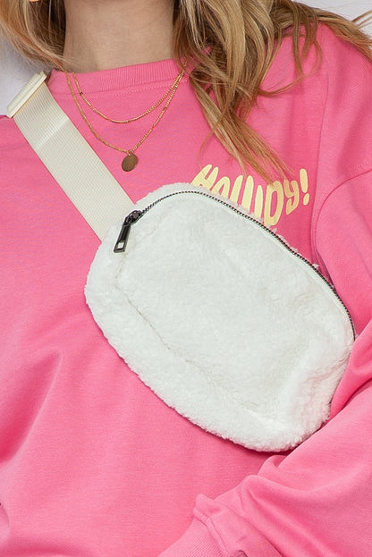 Bolso bandolera con correa ajustable de sherpa blanco brillante