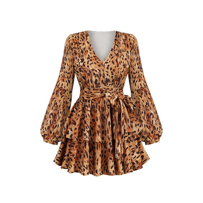 Deep V-neck Leopard Print Dress Long Sleeve Lantern Sleeve Ruffled Skirt