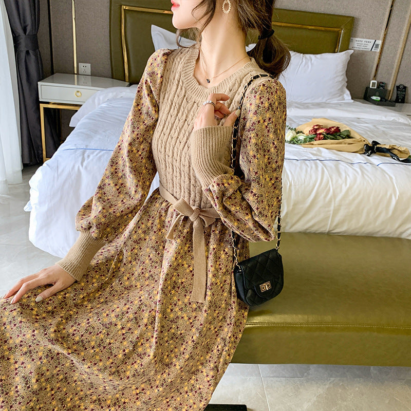 Fashionable All-match Corduroy Floral Dress