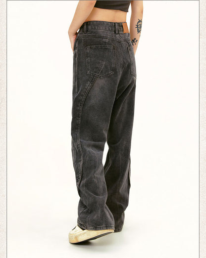 Street Deconstruction Design Washed Faded White Straight Jeans