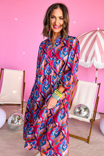 Abstract Geometric Print Long Sleeve High Waist Dress