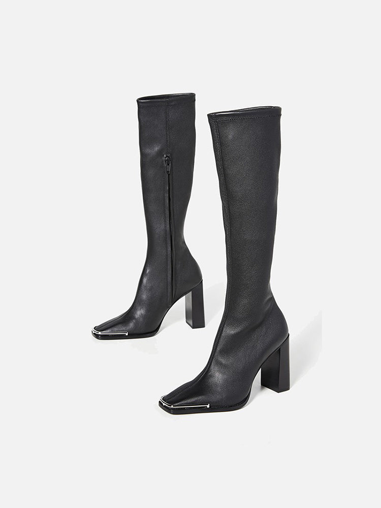 Bottes au genou slim en cuir à talons épais