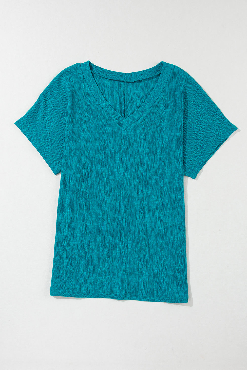 Blue Plain Crinkled V Neck Flounce Sleeve Blouse