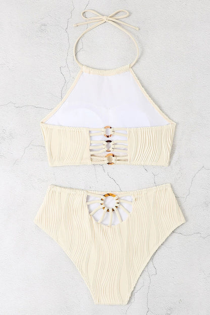 Beige Way Textured Halter Backless Bikini Set