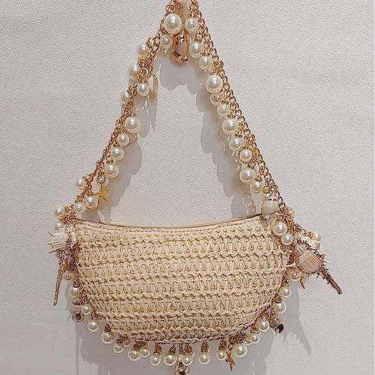 Sac de paille de conque de perles de vacances d'été en bord de mer