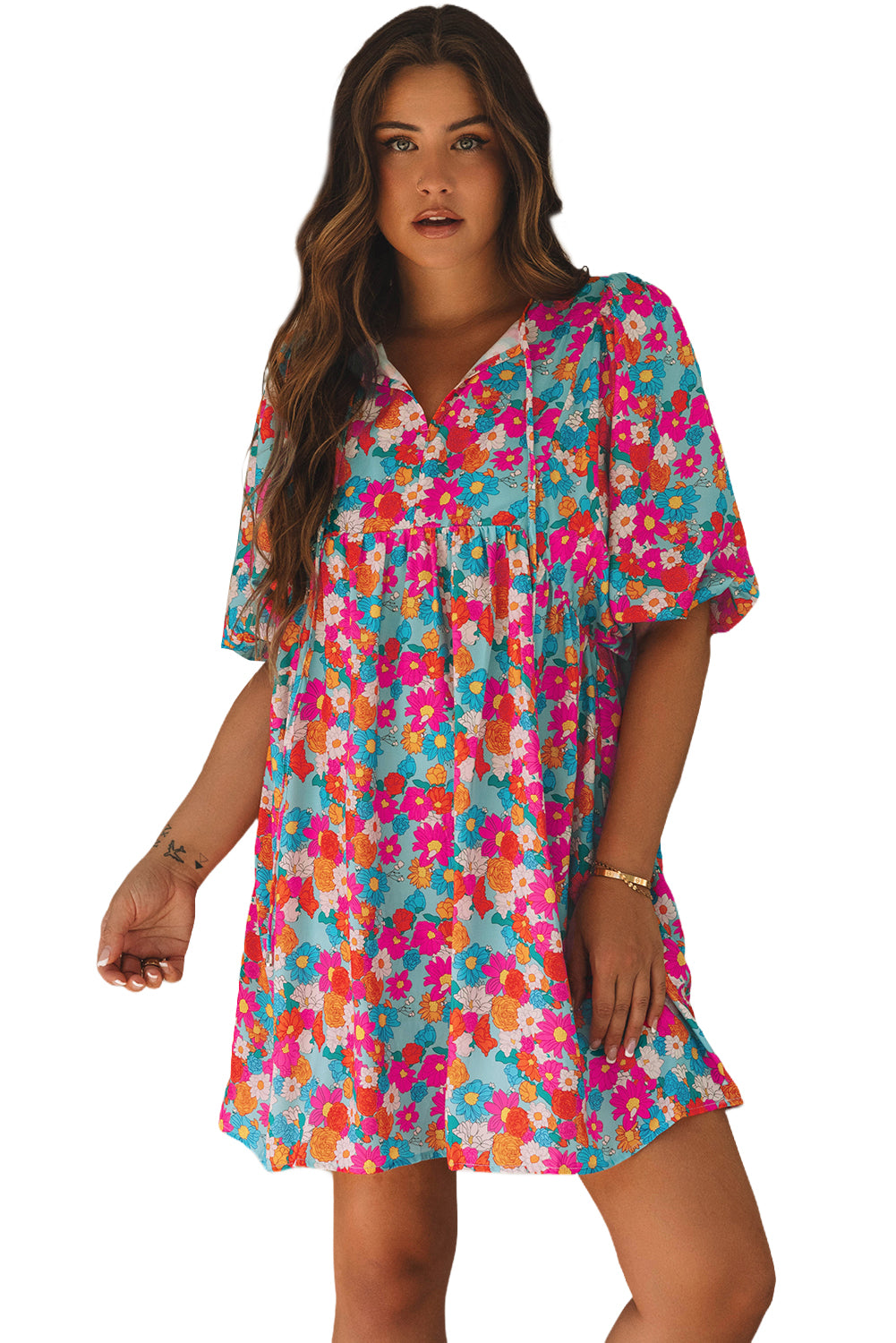 Robe nuisette bleu ciel à imprimé floral, col fendu, manches bulles