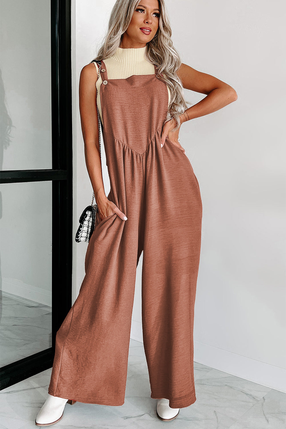 Black Textured Buttoned Straps Ruched Wide Leg Jumpsuit