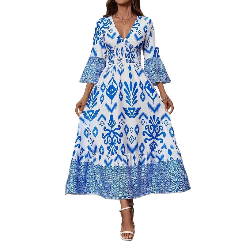 Women's Fashion Printed Casual V-neck Long Dress