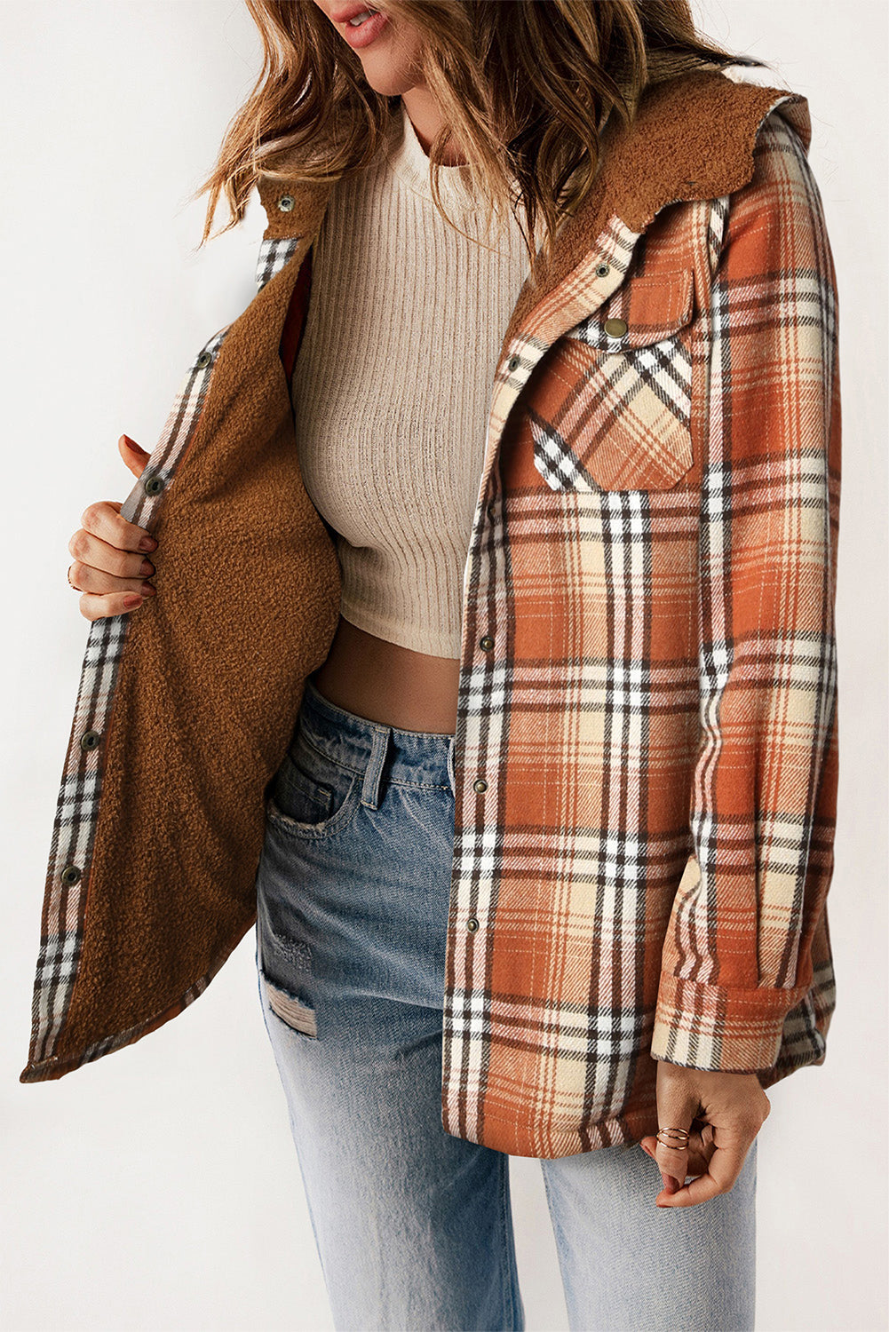 Plaid Pattern Sherpa Lined Hooded Shacket