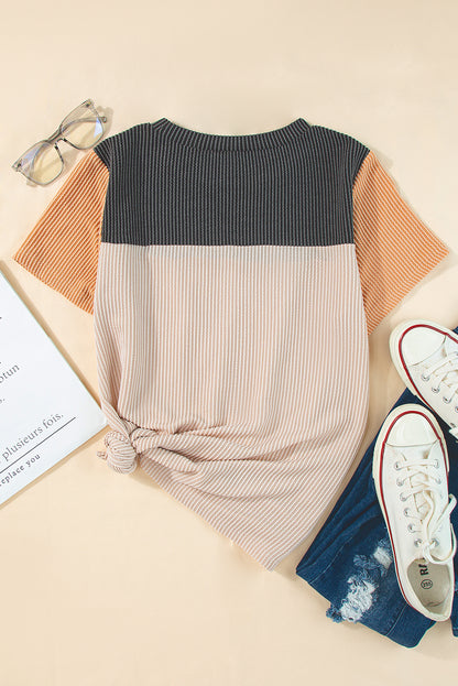 Pink Rib Textured Colorblock T Shirt