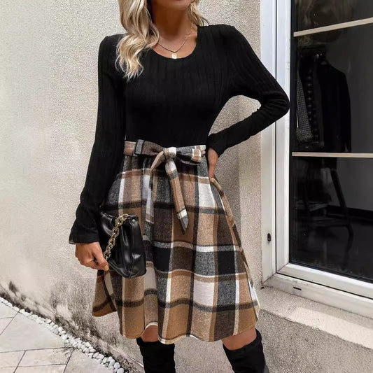 Autumn And Winter New Women's Clothing Sunken Stripe Stitching Plaid Lace-up Dress